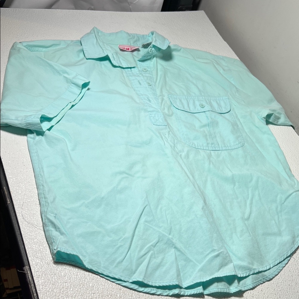Color Code Light Aqua Short-Sleeve Button Neck Shirt Pockets